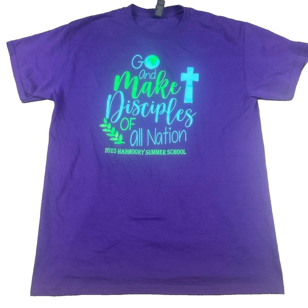 Gildan Mens Religious Hanmoory Summer School T-Shirt Medium Purple Graphic Tee